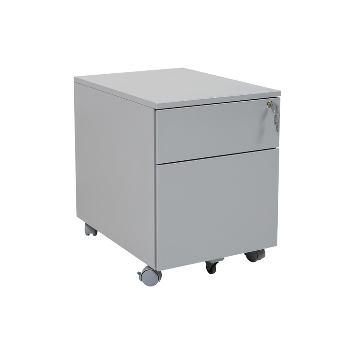 Furni24 Rollcontainer, Senkkasten aus Metall mit Holzplatte, Metallschrank, mobiler Aktenschrank, Druckertisch, abschließbar, 2 Schubladen, Unterschrank, vormontiert, Büro, Homeoffice, 43x59x57cm, silber