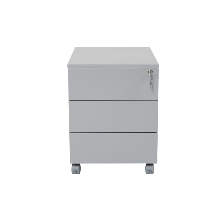 Furni24 Rollcontainer, Senkkasten aus Metall mit Holzplatte, Metallschrank, mobiler Aktenschrank, Druckertisch, abschließbar, 3 Schubladen, Unterschrank, vormontiert, Büro, Homeoffice, 43x59x57cm, silber