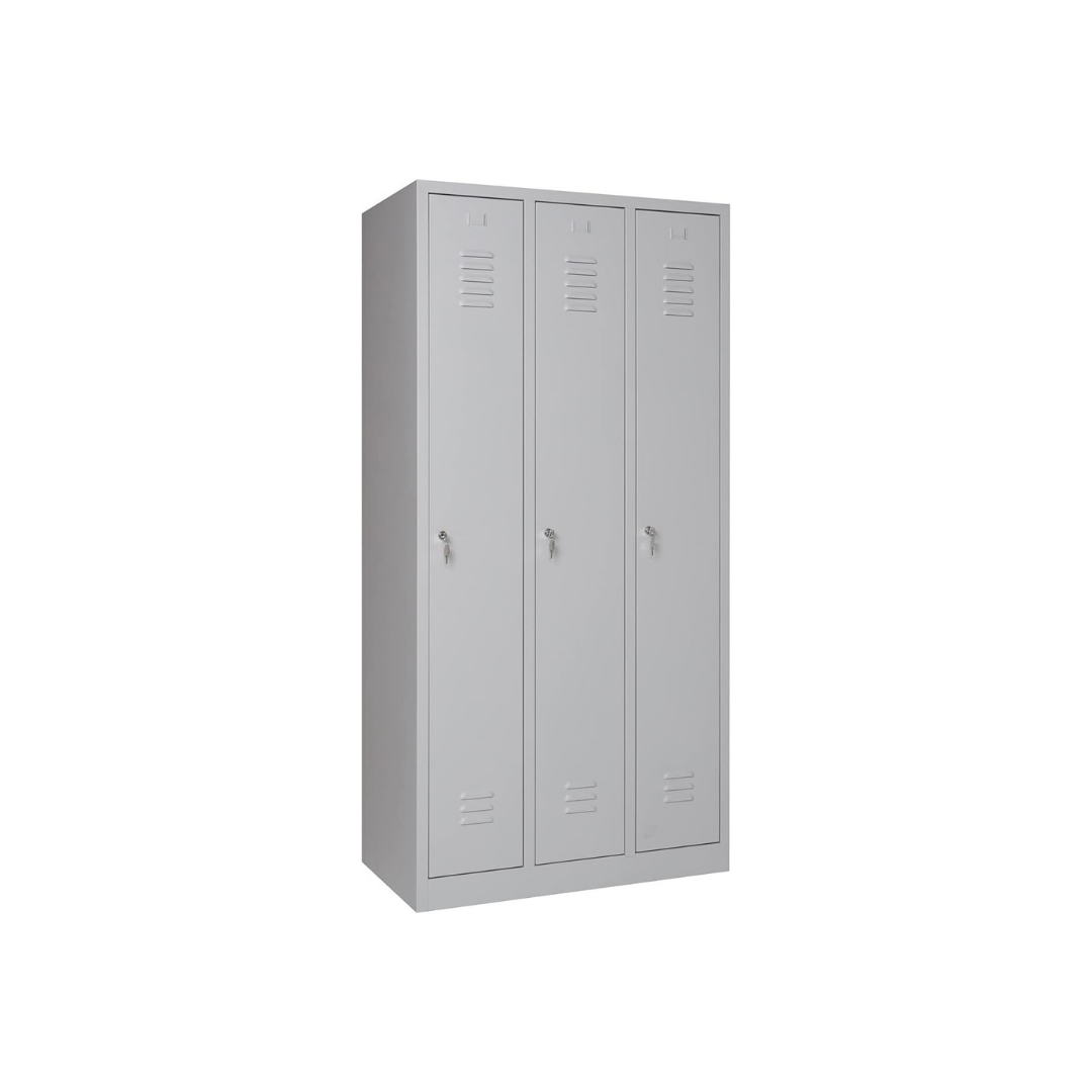 Furni24 Garderobenschrank 90x50x180cm Garderobenspind Umkleidespind Spind Schrank Kleiderschrank Abschließbar grau 3-türig 30cm Abteilbreite fertig montiert Verschiedene Ausführungen verfügbar