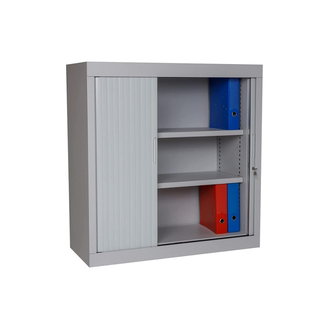 Furni24 Rolladenschrank, Aktenschrank, Metall Rollladen, 2 Einlegeböden, Grau, 105 cm x 100 cm x 45 cm