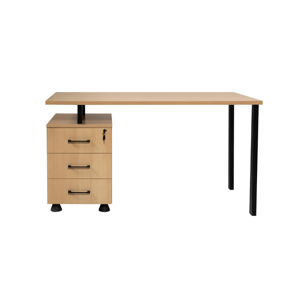 Furni24 Home Office Schreibtisch - Computertisch aus laminiertem Holz, rechts und links montierbarer Unterschrank, abschließbare Schubladen, P Homeoffice 140x59x76 Buche und Grau