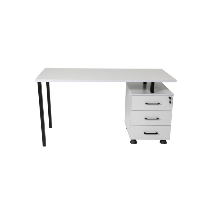 Furni24 Home Office Schreibtisch - Computertisch aus laminiertem Holz, rechts und links montierbarer Unterschrank, abschließbare Schubladen, P Homeoffice 140x59x76 Buche und Grau