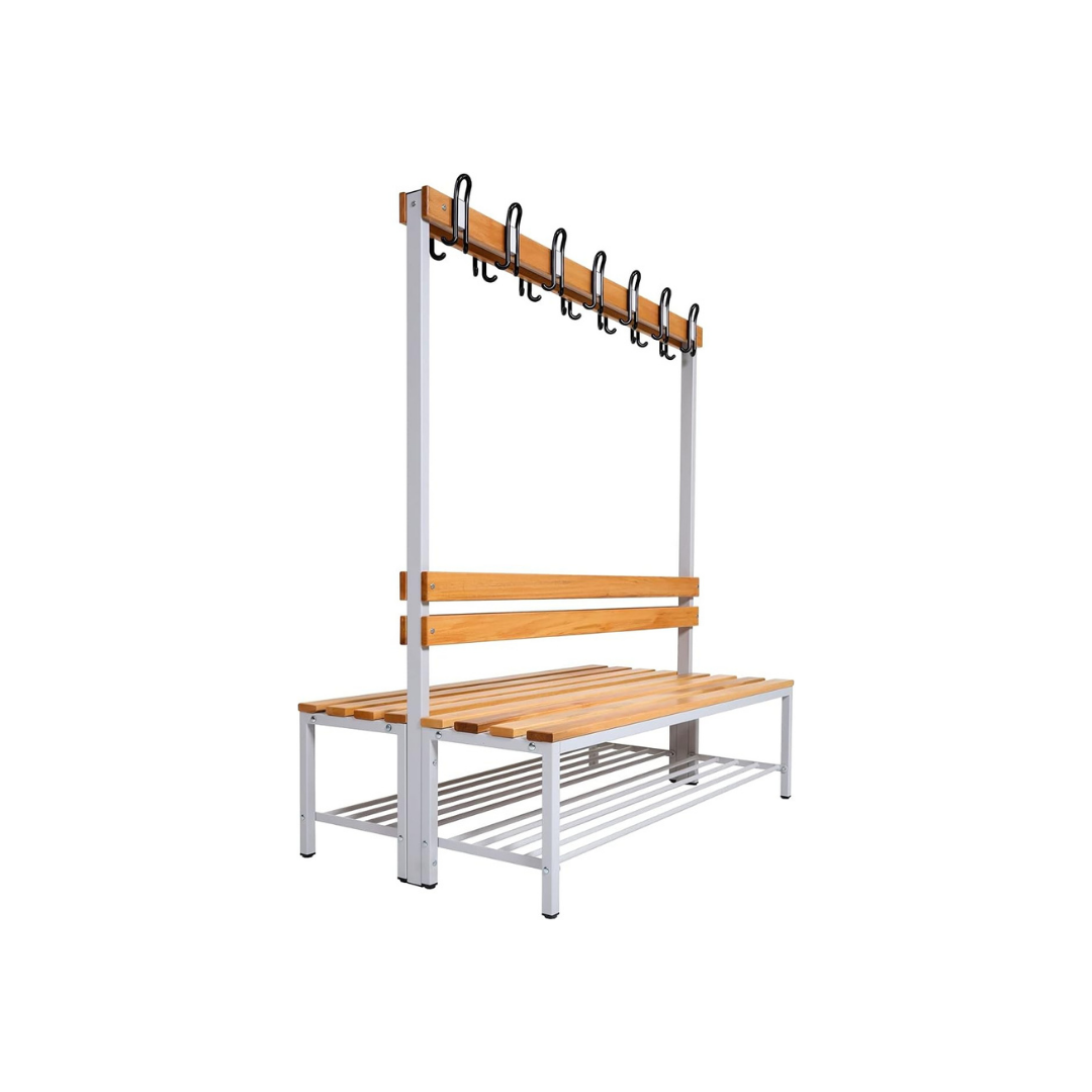 Furni24 Umkleidebank Sitzbank Garderobenbank Sportraum Bank Echtholz für Fitnessstudio (2-seitig) doppelseitig mit Garderobenhaken und Schuhrost 100 cm x 170 cm x 85 cm