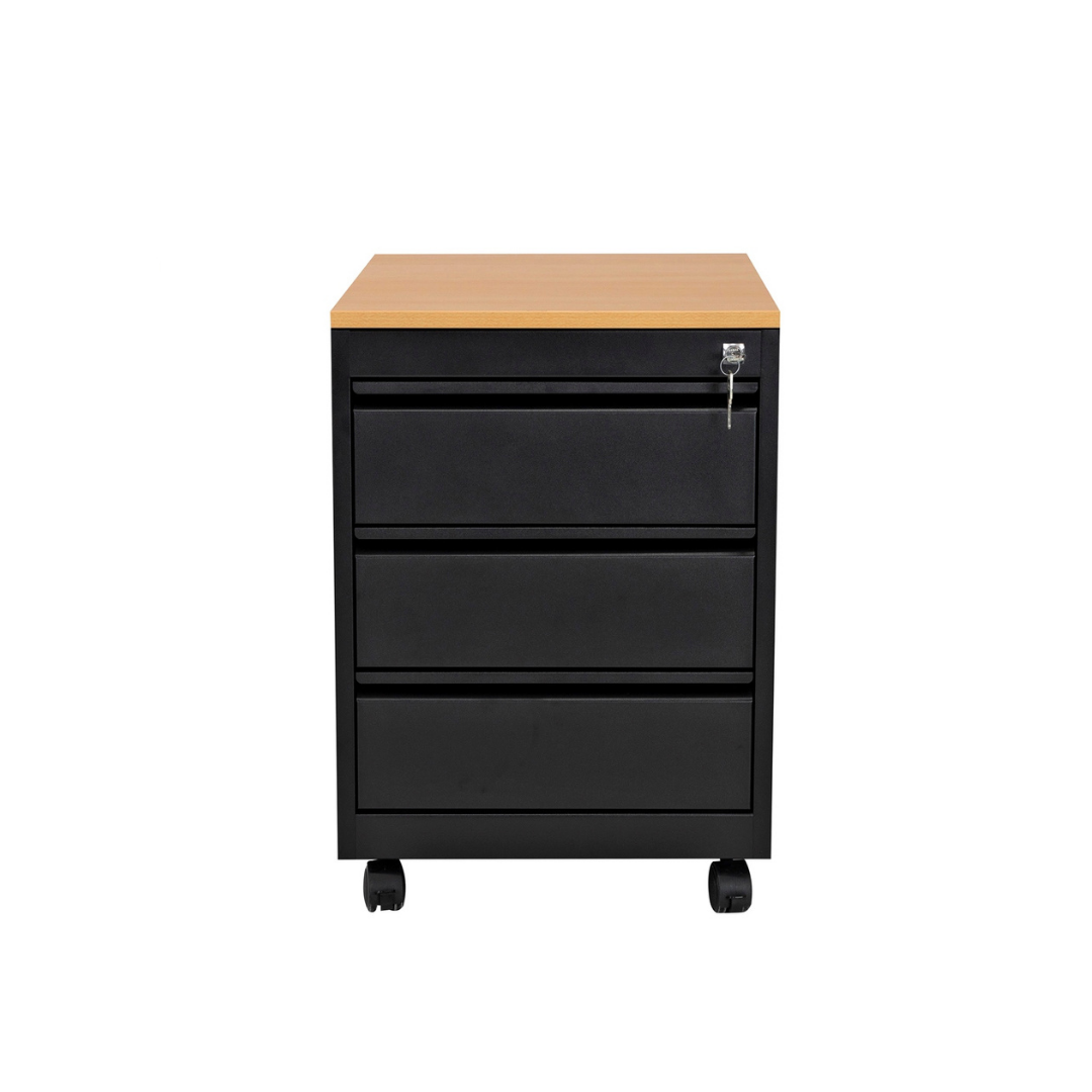 Furni24 Rollcontainer Metall, Mobiler Aktenschrank Büroschrank mit 3 Schubladen Bürocontainer, abschließbares und verstellbares Hängeregister, vormontiert, Büro, Home Office Schwarz RAL 9005