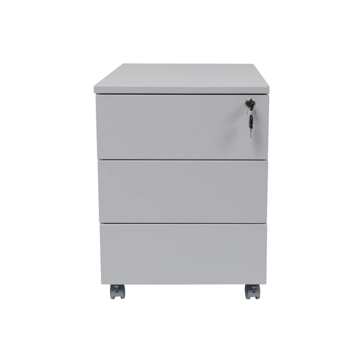 Furni24 Rollcontainer, alles aus Metall, Metallschrank, mobiler Aktenschrank, Druckertisch, abschließbar, 3 Schubladen, Unterschrank, vormontiert, Büro, Homeoffice, 43x59x57cm, grau