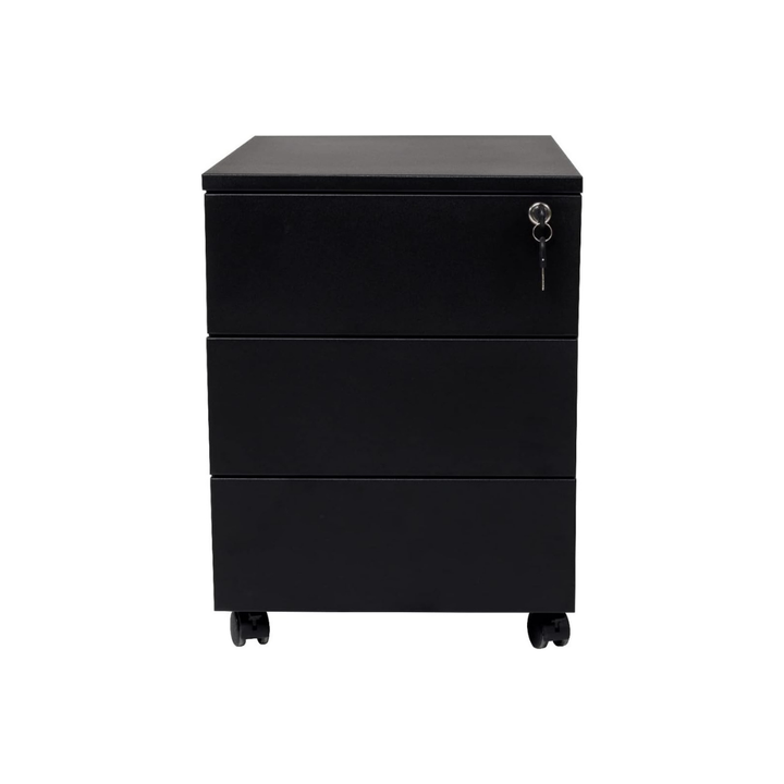 Furni24 Rollcontainer, alles aus Metall, Metallschrank, mobiler Aktenschrank, Druckertisch, abschließbar, 3 Schubladen, Unterschrank, vormontiert, Büro, Homeoffice, 43x59x57cm, schwarz