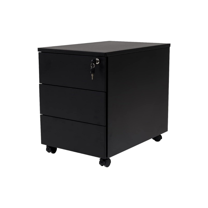 Furni24 Rollcontainer, alles aus Metall, Metallschrank, mobiler Aktenschrank, Druckertisch, abschließbar, 3 Schubladen, Unterschrank, vormontiert, Büro, Homeoffice, 43x59x57cm, schwarz