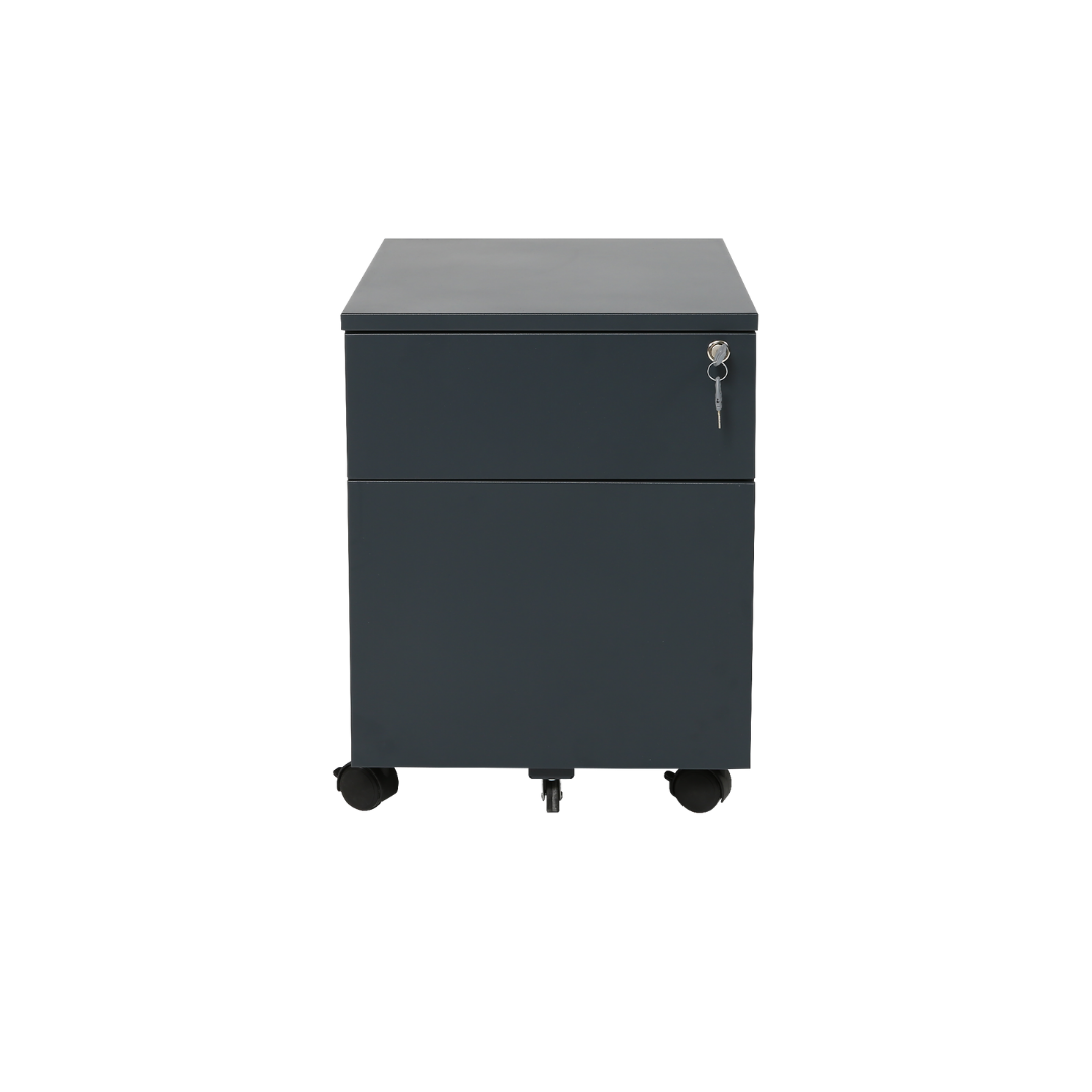 Furni24 Rollcontainer, Senkkasten aus Metall mit Holzplatte, Metallschrank, mobiler Aktenschrank, Druckertisch, abschließbar, 2 Schubladen, Unterschrank, vormontiert, Büro, Homeoffice, 43x59x57cm, anthrazit