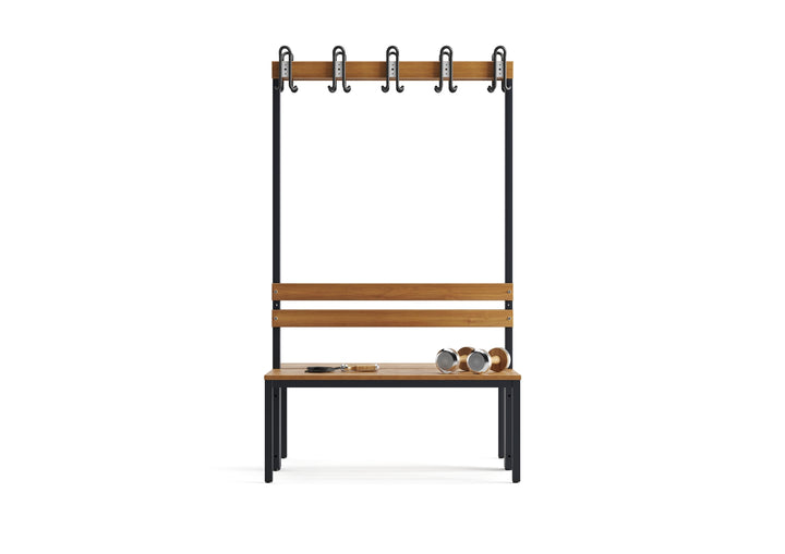 Furni24 Doppelseitige Umkleidesitzbank 100x43x170 cm mit 4 Füßen ohne Schuhrost, Garderobe mit lackierter Hartholz-Sitzbank und Stahlrahmen, Umkleidebank mit Hakenleiste, 10 Haken, TÜV/GS getestet