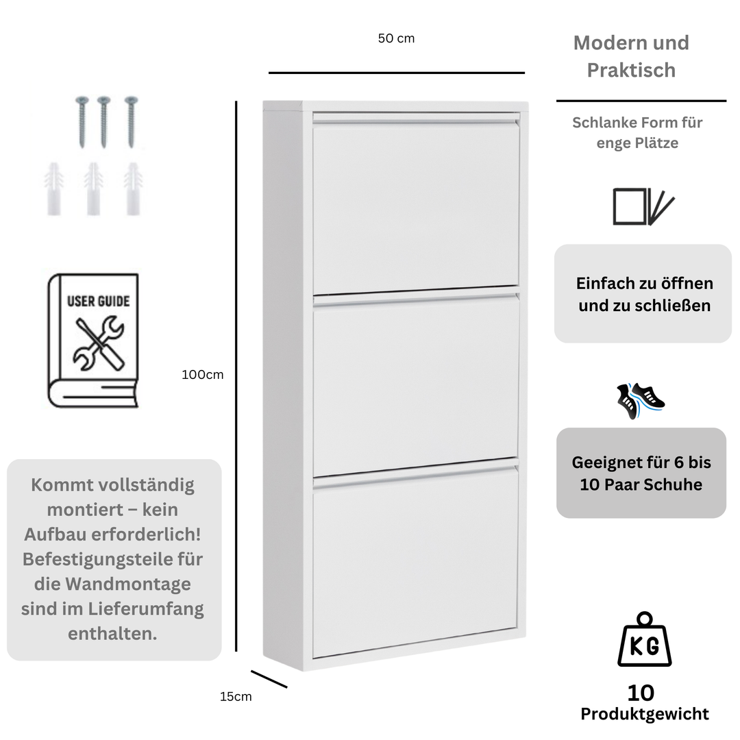 Furni24 Schuhschrank Schmal – Platzsparender Metall-Schuhschrank mit Magnetklappen, Schuhkipper, Platz für 4-12 Paar Schuhe, Robuster Hoher Schuhschrank, Wandmontierbar und Vormontiert - 2-3-4 Klappen, Weiß, Schwarz, Grau