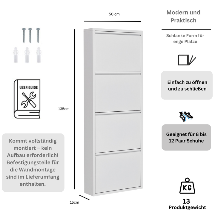 Furni24 Schuhschrank Schmal – Platzsparender Metall-Schuhschrank mit Magnetklappen, Schuhkipper, Platz für 4-12 Paar Schuhe, Robuster Hoher Schuhschrank, Wandmontierbar und Vormontiert - 2-3-4 Klappen, Weiß, Schwarz, Grau