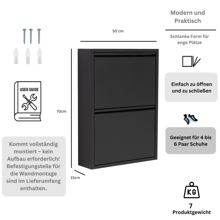 Furni24 Schuhschrank Schmal – Platzsparender Metall-Schuhschrank mit Magnetklappen, Schuhkipper, Platz für 4-12 Paar Schuhe, Robuster Hoher Schuhschrank, Wandmontierbar und Vormontiert - 2-3-4 Klappen, Weiß, Schwarz, Grau