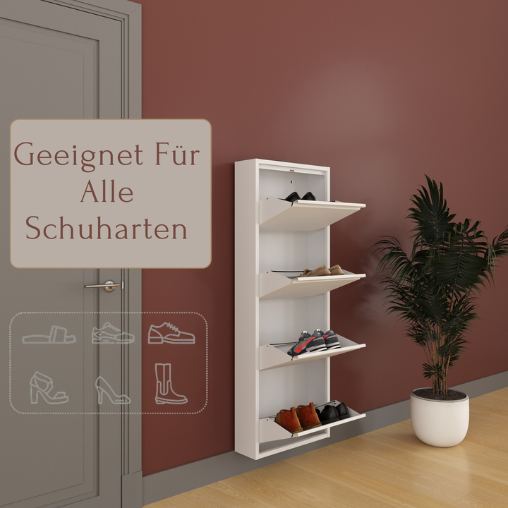 Furni24 Schuhschrank Schmal – Platzsparender Metall-Schuhschrank mit Magnetklappen, Schuhkipper, Platz für 4-12 Paar Schuhe, Robuster Hoher Schuhschrank, Wandmontierbar und Vormontiert - 2-3-4 Klappen, Weiß, Schwarz, Grau