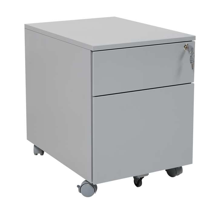 Furni24 Rollcontainer, Senkkasten aus Metall mit Holzplatte, Metallschrank, mobiler Aktenschrank, Druckertisch, abschließbar, 2 Schubladen, Unterschrank, vormontiert, Büro, Homeoffice, 43x59x57cm, silber