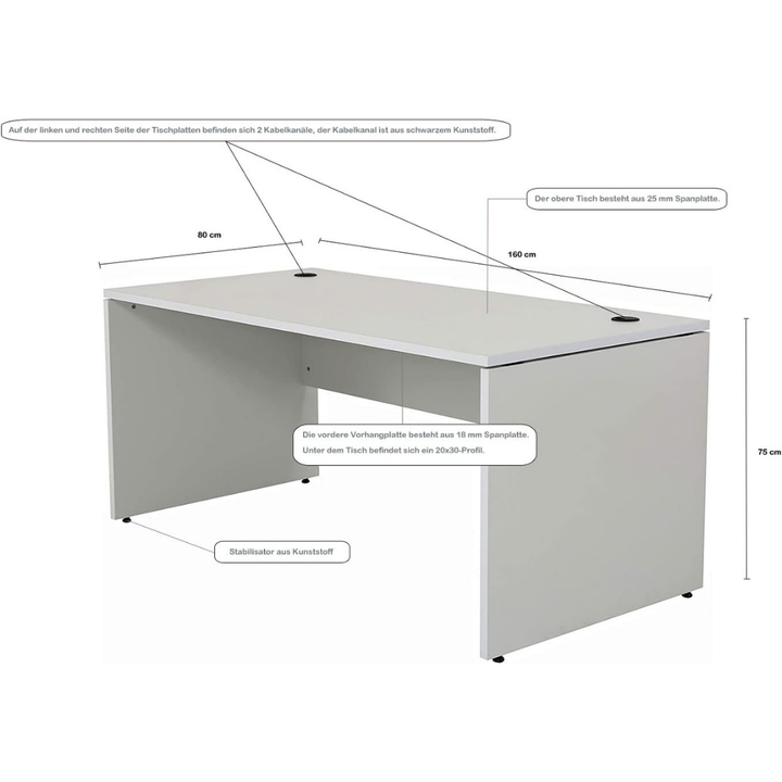 Schreibtisch Nuvi, 160 cm x 80 cm x 75 cm, grau Dekor inkl. Kabelkanal und Monitorständer