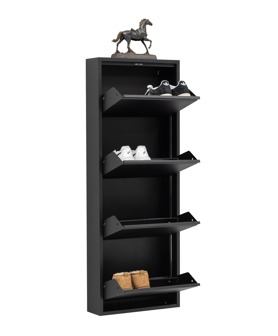 Furni24 Schuhschrank Schmal – Platzsparender Metall-Schuhschrank mit Magnetklappen, Schuhkipper, Platz für 4-12 Paar Schuhe, Robuster Hoher Schuhschrank, Wandmontierbar und Vormontiert - 2-3-4 Klappen, Weiß, Schwarz, Grau