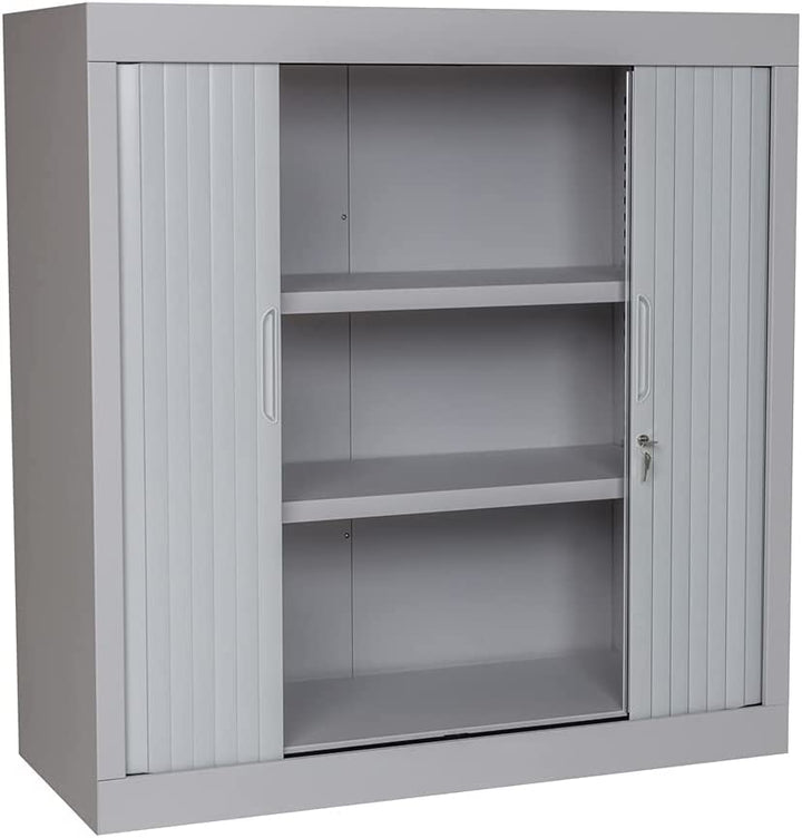 Furni24 Rolladenschrank, Aktenschrank, Metall Rollladen, 2 Einlegeböden, Grau, 105 cm x 100 cm x 45 cm