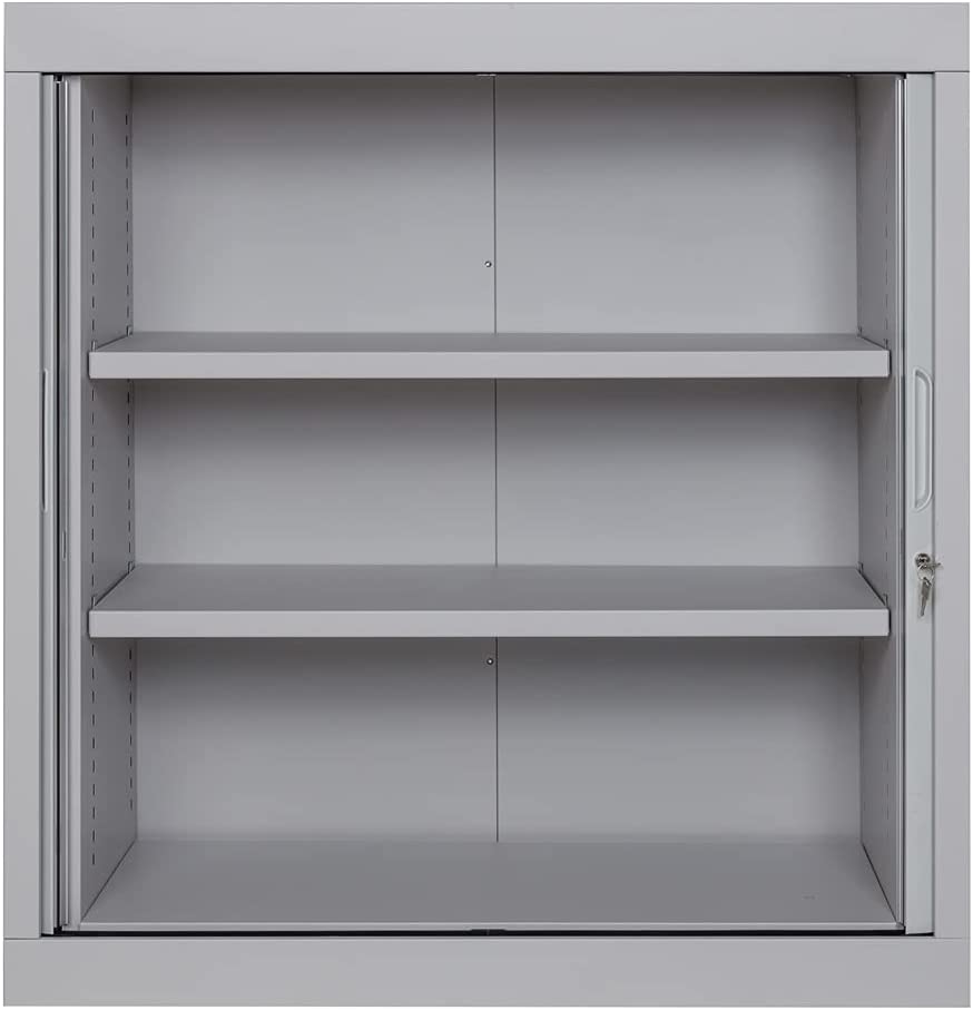 Furni24 Rolladenschrank, Aktenschrank, Metall Rollladen, 2 Einlegeböden, Grau, 105 cm x 100 cm x 45 cm