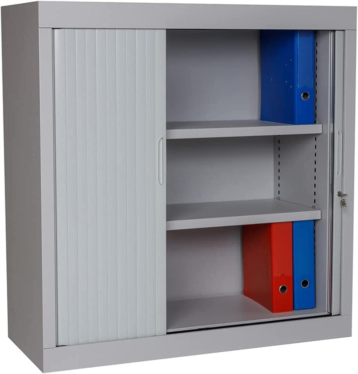 Furni24 Rolladenschrank, Aktenschrank, Metall Rollladen, 2 Einlegeböden, Grau, 105 cm x 100 cm x 45 cm