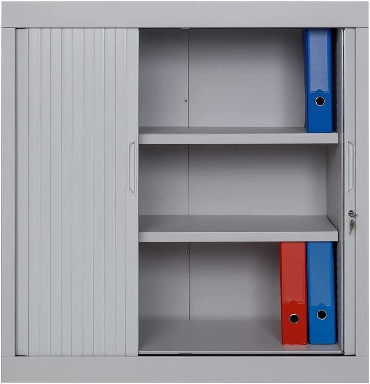 Furni24 Rolladenschrank, Aktenschrank, Metall Rollladen, 2 Einlegeböden, Grau, 105 cm x 100 cm x 45 cm