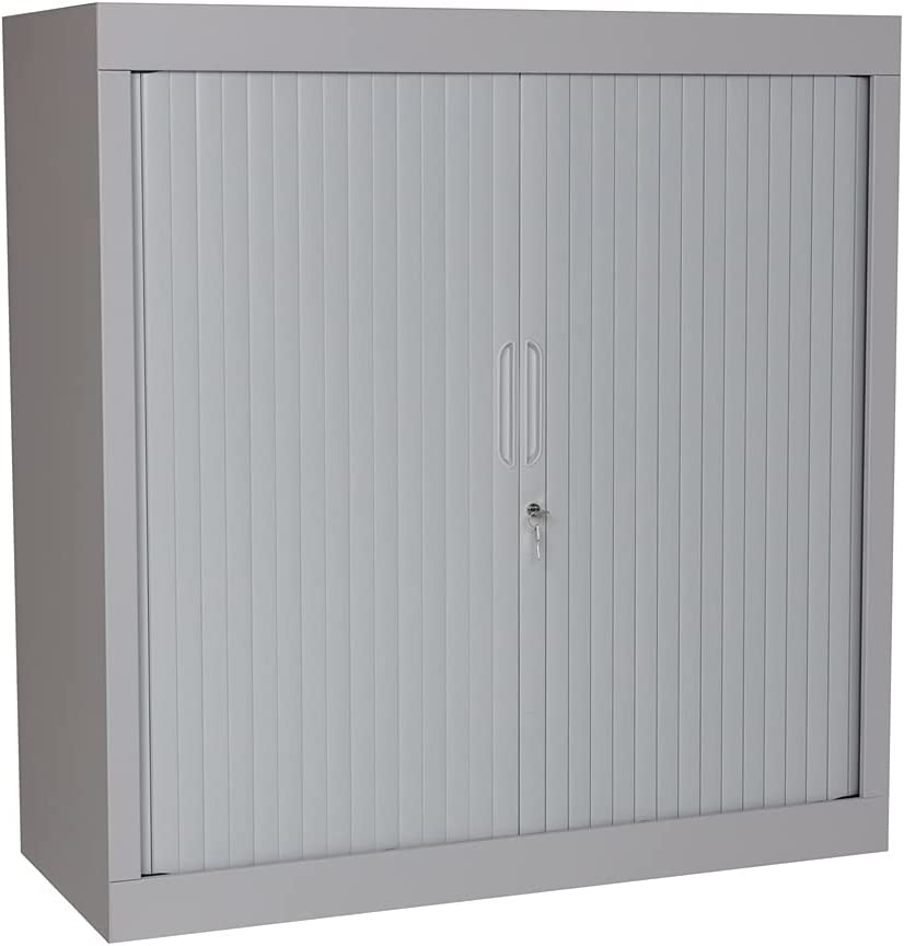 Furni24 Rolladenschrank, Aktenschrank, Metall Rollladen, 2 Einlegeböden, Grau, 105 cm x 100 cm x 45 cm