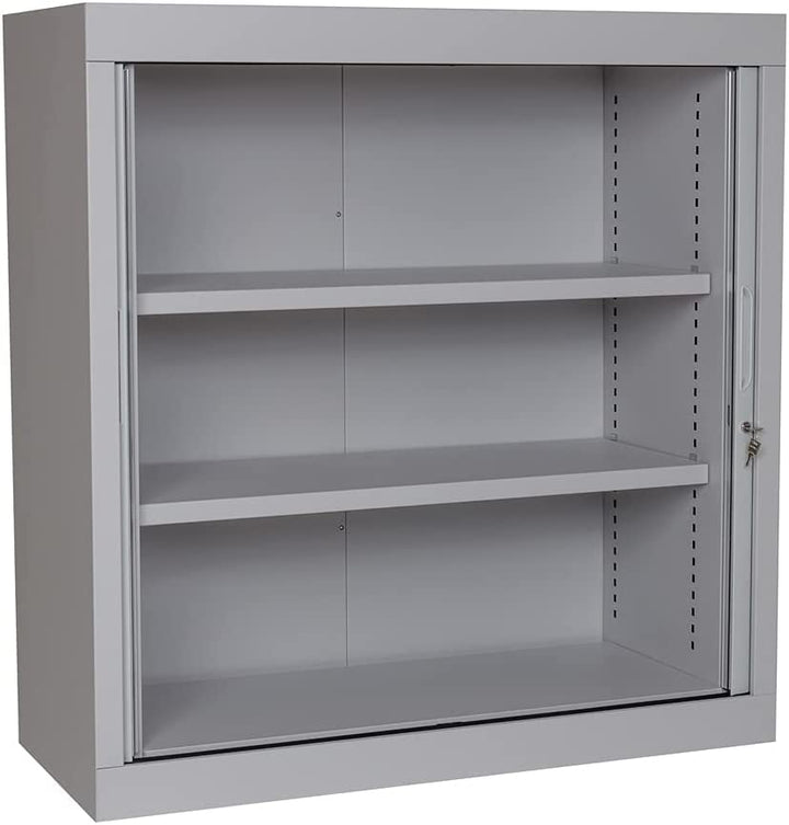 Furni24 Rolladenschrank, Aktenschrank, Metall Rollladen, 2 Einlegeböden, Grau, 105 cm x 100 cm x 45 cm