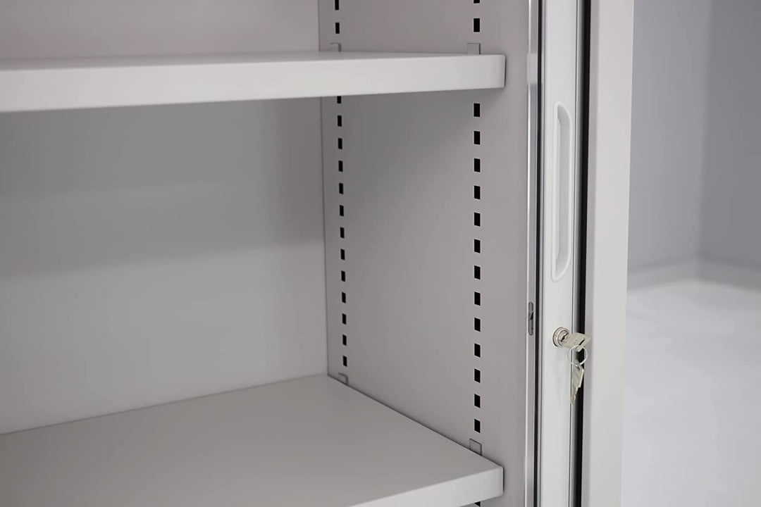 Furni24 Rolladenschrank, Aktenschrank, Metall Rollladen, 4 Einlegeböden, Grau, 200 cm x 100 cm x 45 cm