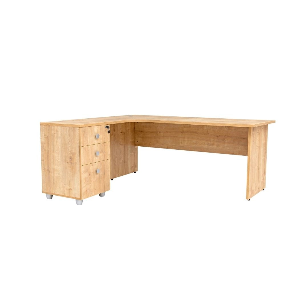 Winkelschreibtisch Dona, Holzfuss, Saphir Eiche Dekor, 180x120x74 cm,  inkl. Beistellcontainer, links gewinkelt