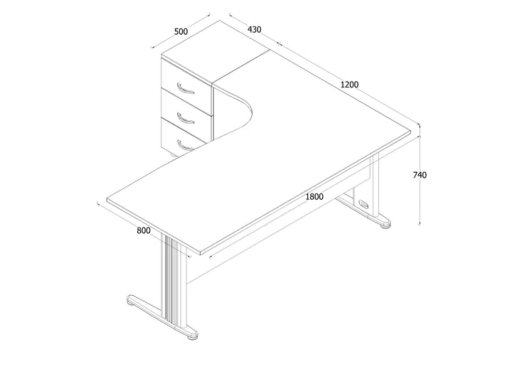 Winkelschreibtisch Dona, Grau Dekor, 180 cm x 120 cm x 74 cm, inkl. Beistellcontainer, links gewinkelt