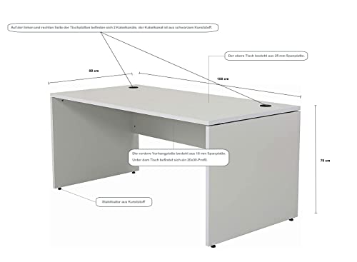 Schreibtisch Nuvi, 160 cm x 80 cm x 75 cm, grau Dekor, inkl. Kabelkanal