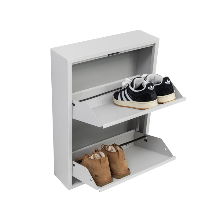 Furni24 Schuhschrank Schmal – Platzsparender Metall-Schuhschrank mit Magnetklappen, Schuhkipper, Platz für 4-12 Paar Schuhe, Robuster Hoher Schuhschrank, Wandmontierbar und Vormontiert - 2-3-4 Klappen, Weiß, Schwarz, Grau