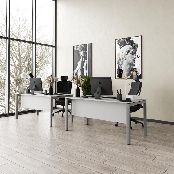 Schreibtisch Tetra, 180 x 80 x 75 cm, grau Dekor/silber RAL 9006 inkl. Kabelkanal