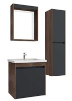 Badmöbel Set 2, anthrazit, 60 cm Waschbecken inkl. Wassermischer, Unterschrank, LED-Spiegelschrank, 145 cm Hochschrank