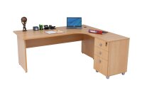 Winkelschreibtisch Dona, Holzfuß, Buche Dekor, 180 cm x 120 cm x 74 cm,  inkl. Beistellcontainer, rechts gewinkelt