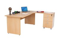 Winkelschreibtisch Dona, Holzfuß, Buche Dekor, 180 cm x 120 cm x 74 cm,  inkl. Beistellcontainer, rechts gewinkelt