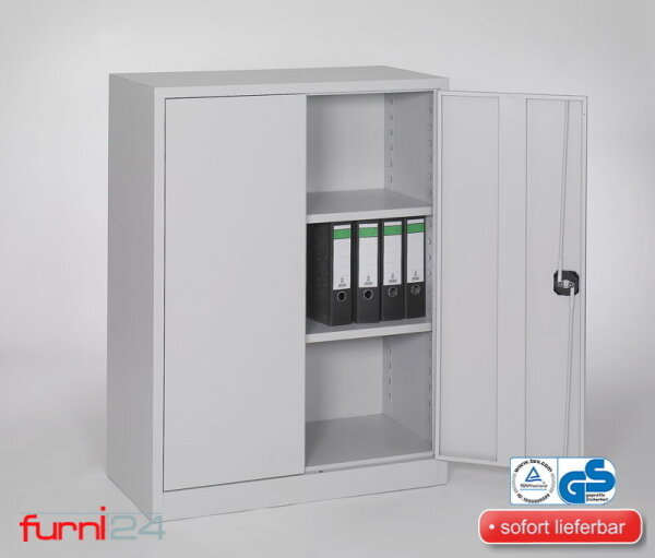 Furni24 Aktenschrank, fertig montiert, 120x92x42cm, Stahlflügeltürschrank Materialschrank, Abschließbarer Spind, Aktenschrank mit 3 Fächern, Werkzeugschrank, Mehrzweckschrank, Universalschrank, grau