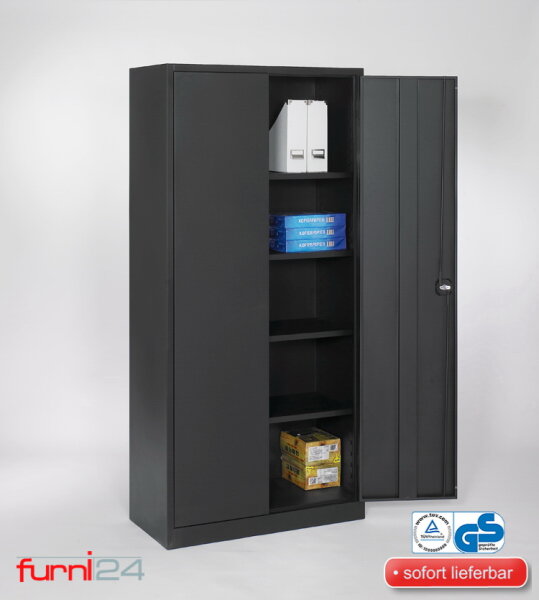 Furni24 Aktenschrank, fertig montiert, 180x80x38cm, Stahlflügeltürschrank Materialschrank, Abschließbarer Spind, Aktenschrank mit 5 Fächern, Werkzeugschrank, Mehrzweckschrank, Universalschrank,schwarz