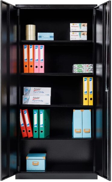 Furni24 Aktenschrank, fertig montiert, 195x92x42cm, Stahlflügeltürschrank Materialschrank, Abschließbarer Spind, Aktenschrank mit 5 Fächern, Werkzeugschrank, Mehrzweckschrank, Universalschrank,schwarz