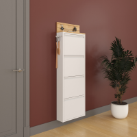 Schuhkipper mit Zubehör, Weiß, 4 Klappen 52x15x153,5 cm, Inkl. Schlüsselaufhängung, Hakenleiste