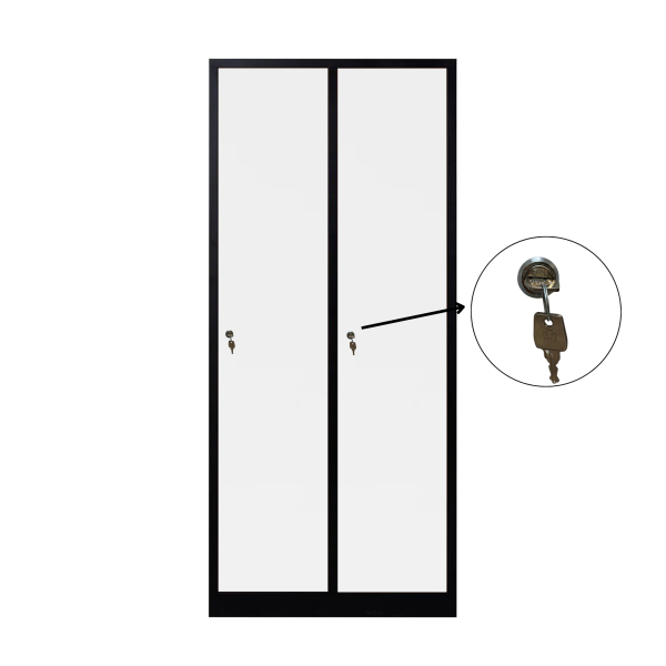 2-türiger, unterteilter spezieller Umkleideschrank, weißes Zylinderschloss, RAL 9005 Schwarz, 80×50×180
