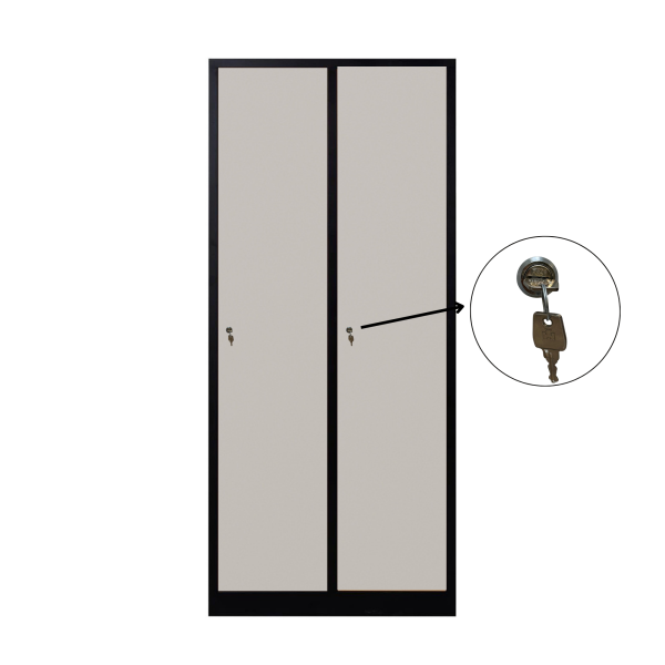 2-türiger, unterteilter spezieller Umkleideschrank, graues Dekor, Zylinderschloss, RAL 9005 Schwarz, 80×50×180