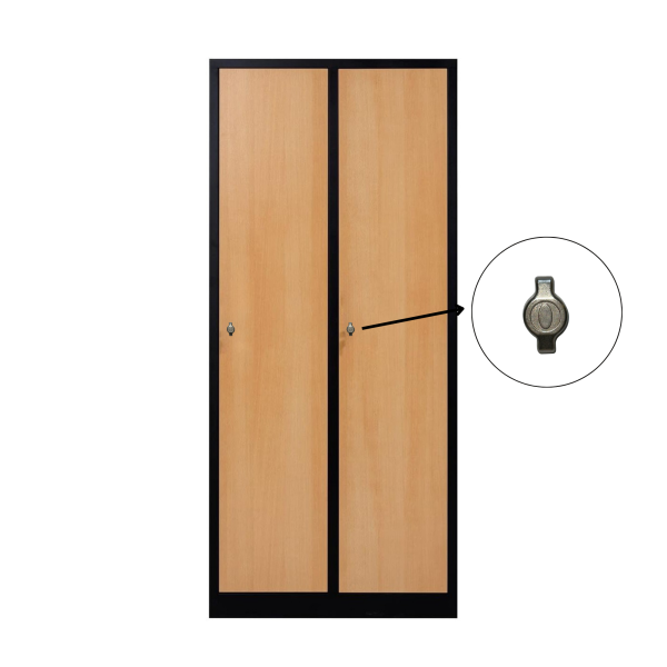 2-türiger, unterteilter spezieller Umkleideschrank, Buchenholz Dekor, Vorhängeschloss, RAL 9005 Schwarz, 80×50×180