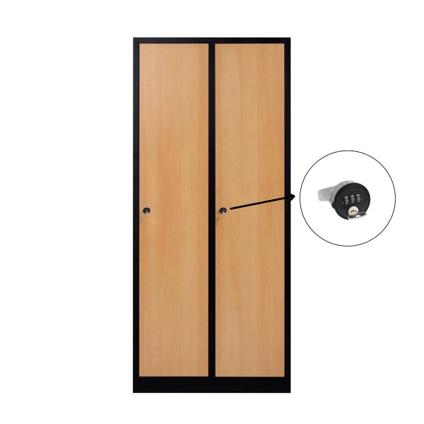 2-türiger, unterteilter spezieller Umkleideschrank, Buchenholz Dekor, Kombinationsschloss, RAL 9005 Schwarz, 80×50×180