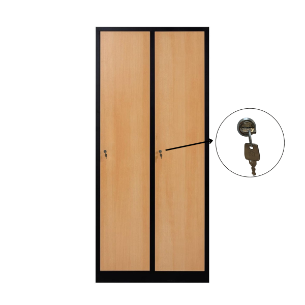 2-türiger, unterteilter spezieller Umkleideschrank, Buchenholz Dekor, Zylinderschloss, RAL 9005 Schwarz, 80×50×180