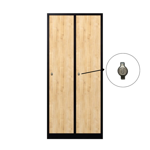 2-türiger, unterteilter spezieller Umkleideschrank, Saphir-Eiche Vorhängeschloss, RAL 9005 Schwarz, 80×50×180