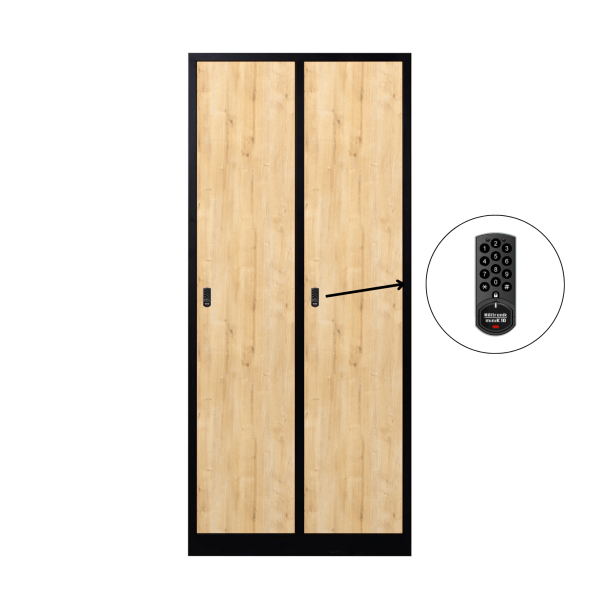 2-türiger, unterteilter spezieller Umkleideschrank, Saphir-Eiche Dekor, elektronisches Schloss, RAL 9005 Schwarz, 80×50×180