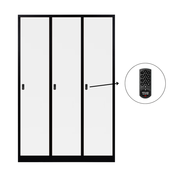 3-türiger, unterteilter spezieller Umkleideschrank, weißes elektronisches Schloss, RAL 9005 Schwarz, 118,5×50×180