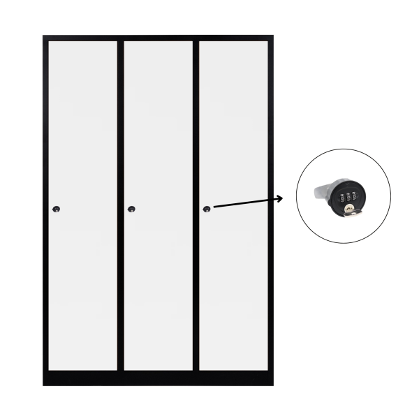 3-türiger, unterteilter spezieller Umkleideschrank, weißes Dekor, Kombinationsschloss, RAL 9005 Schwarz, 118,5×50×180