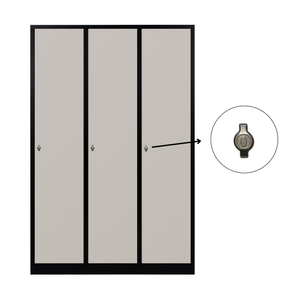 3-türiger, unterteilter spezieller Umkleideschrank, graues Dekor, Vorhängeschloss, RAL 9005 Schwarz, 118,5×50×180