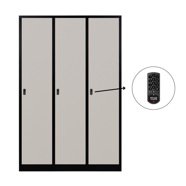 3-türiger, unterteilter spezieller Umkleideschrank, graues Dekor, elektronisches Schloss, RAL 9005 Schwarz, 118,5×50×180